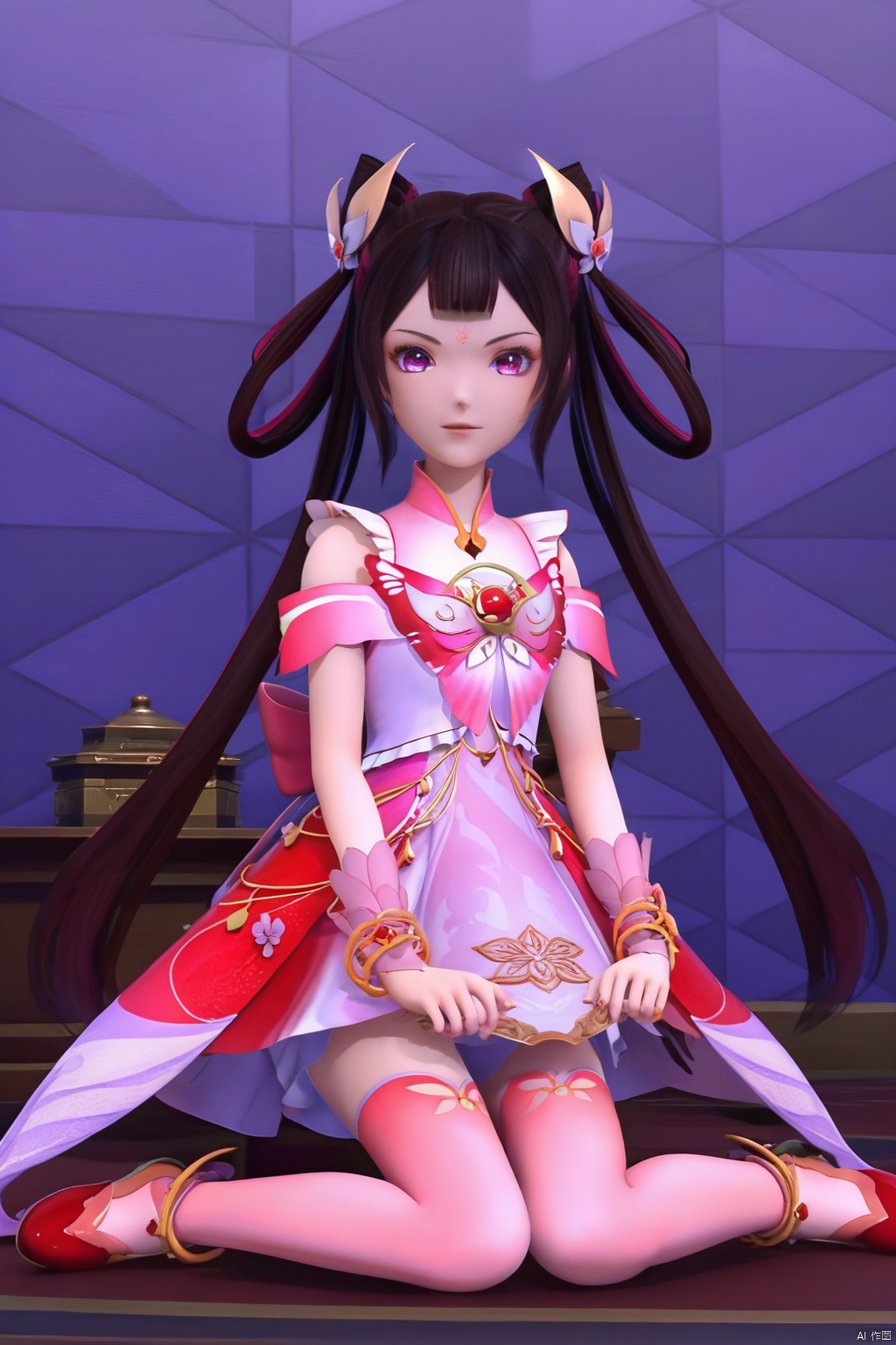 masterpiece, best quality, masterpiece,best quality,official art,extremely detailed CG unity 8k wallpaper,1girl,solo,long hair,bangs,black hair,magical girl,bracelet,hair rings,twintails,detached sleeves,multicolored hair,bare shoulders,bangs,pink dress,wrist cuffs,very long hair,pale pink thighhighs,cherry blossoms,looking at viewer,ornament that a woman wore on her head in former times,forehead mark,footwear,room,sitting,red footwear
