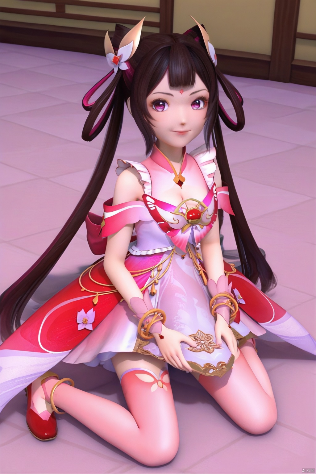 masterpiece, best quality, masterpiece,best quality,official art,extremely detailed CG unity 8k wallpaper,1girl,solo,long hair,bangs,black hair,magical girl,bracelet,hair rings,twintails,detached sleeves,multicolored hair,bare shoulders,bangs,pink dress,wrist cuffs,very long hair,pale pink thighhighs,cherry blossoms,looking at viewer,ornament that a woman wore on her head in former times,forehead mark,footwear,pink room,sitting,red footwear,(smlie:1.3),from above,bed,happy,closed mouth,Cleavage,breasts,(fetal_position:1.3),