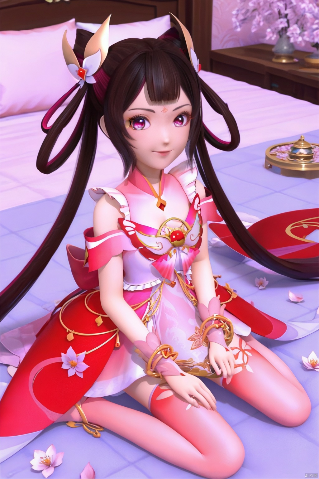 masterpiece, best quality, masterpiece,best quality,official art,extremely detailed CG unity 8k wallpaper,1girl,solo,long hair,bangs,black hair,magical girl,bracelet,hair rings,twintails,detached sleeves,multicolored hair,bare shoulders,bangs,pink dress,wrist cuffs,very long hair,pale pink thighhighs,cherry blossoms,looking at viewer,ornament that a woman wore on her head in former times,forehead mark,footwear,pink room,sitting,red footwear,(smlie:1.3),from above,bed,happy,closed mouth,Cleavage,breasts