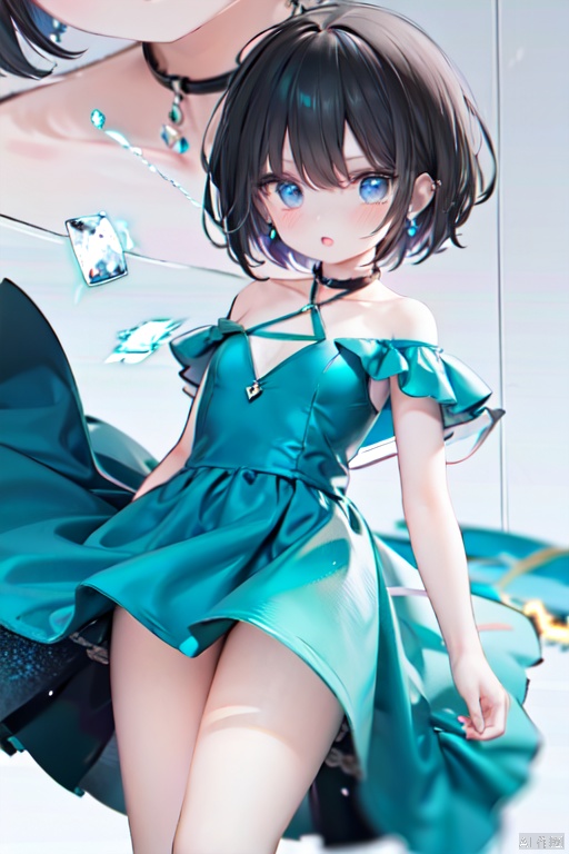  1girl,Bangs, off shoulder, black hair, blue dress, blue eyes, chest, earrings, dress, earrings, floating hair, jewelry, sleeveless, short hair,Looking at the observer, parted lips, pierced,energy,electricity,magic,