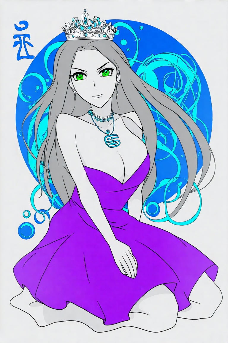 A serene animated image: A woman with long,  flowing gray hair and piercing green eyes sits regally,  wearing a flowing wh...