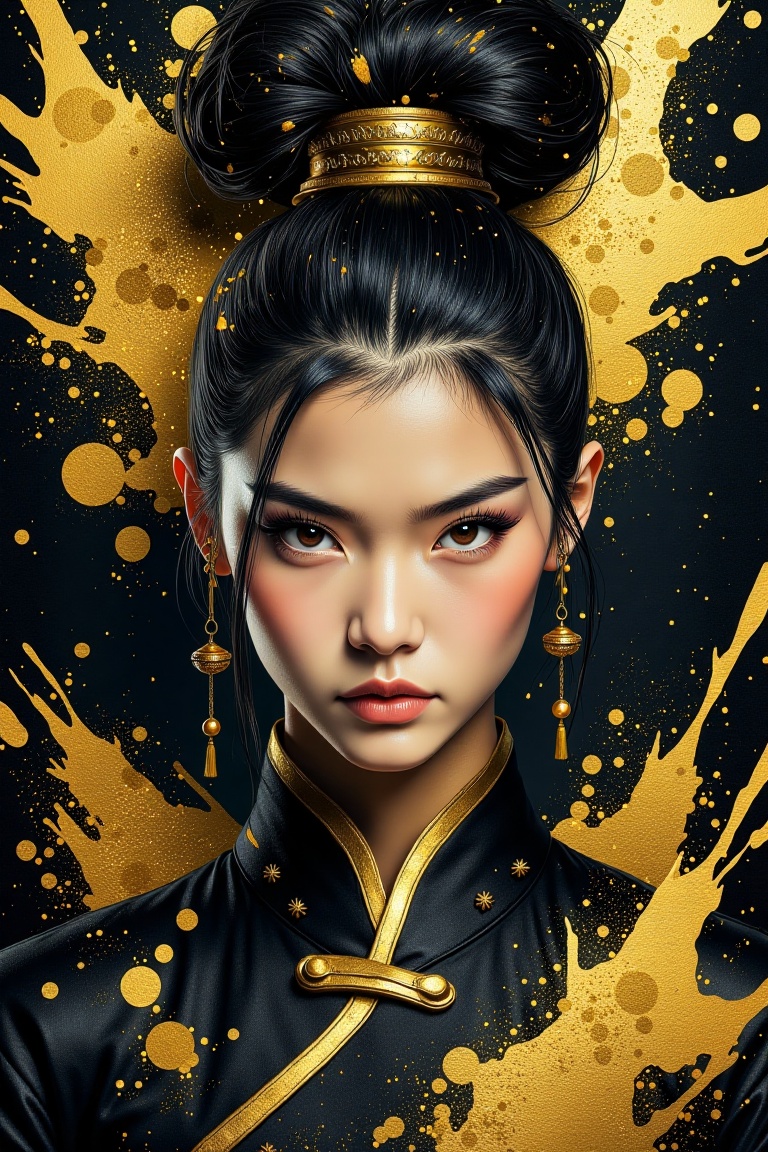 A striking portrait of a person with an elegant,  intricate updo hairstyle,  surrounded by a vivid splash of gold and dark...