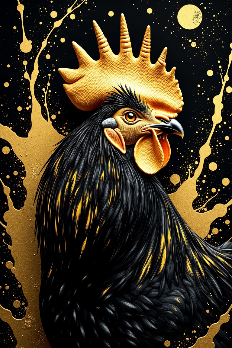 Majestic black rooster with a vividly textured golden crest,  showcasing intricate details in its plumage. The background...