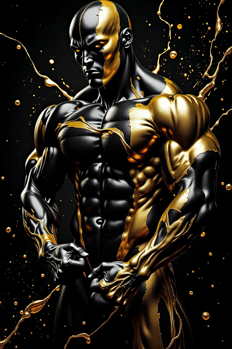 muscular male torso covered in a glossy black finish with dynamic,  splattered gold paint accents,  set against a deep bla...