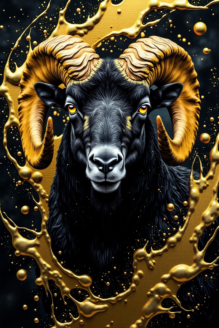 A close-up portrait of a majestic ram with strikingly textured,  golden horns,  set against a dramatic background of swirl...