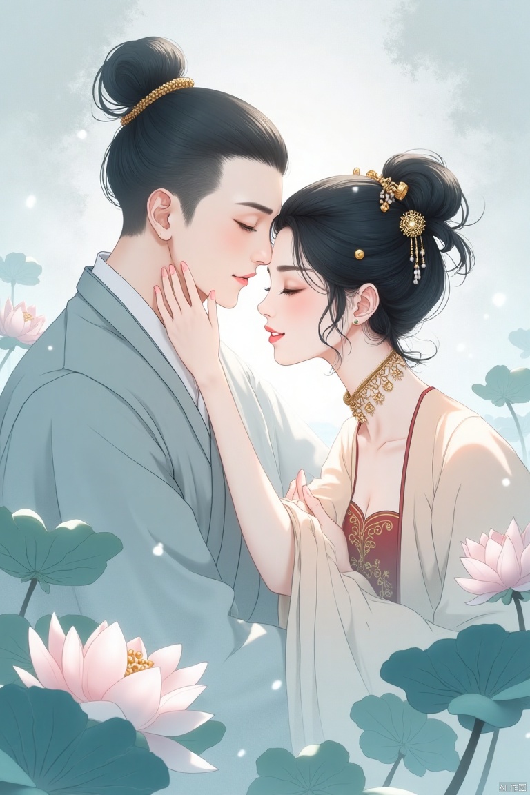 heshang,Monks,comics,a monk,
A serene, intimate scene of a woman applying makeup to a man. The woman, with delicate features and dark hair styled in an elaborate updo adorned with gold ornaments, is meticulously applying a cosmetic detail to the man's forehead. His expression is peaceful, with closed eyes, and he is dressed in light gray-blue robes. The woman is in a light peach-blush colored dress, adorned with gold details and a reddish-brown bodice. Soft, muted colors dominate the scene, with pale blues and pinks creating a tranquil atmosphere. Lotus flowers and leaves, in shades of pink and teal-green, form a gentle background, hinting at a serene, natural setting. The style suggests an Asian-inspired, digital painting with smooth lines, detailed features, and subdued emphasis on lighting creating a soft, romantic feel. The composition presents a delicate balance between the characters, softly focused on the couple's interaction. Gentle lighting emphasizes the woman's hands and the man's face, while artistic fog or mist creates a dreamy background. Traditional Chinese painting influences are subtle but present.


