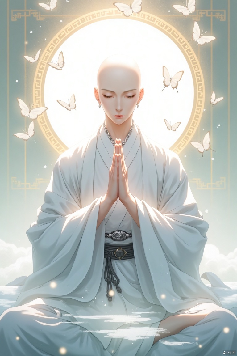 heshang,Monks,comics,a monk,masterpiece,best quality, high quality,8k,highres,
Bald man in a flowing, light-gray robe, serene pose, praying hands, adorned with intricate silver jewelry.  Soft, ethereal lighting highlights the translucent robe, with subtle golden highlights.  Delicate, light-colored butterflies are scattered around the figure, within a golden halo-like frame.  The composition is centered on the figure, with a soft focus on the face, expressing calm and tranquility.  The artist's style evokes a blend of traditional Chinese aesthetics and digital illustration, gentle and airy.  The background features a glowing, golden patterned frame, which complements the figure’s soft, pale skin.  Detailed silver chain necklaces and accessories on the clothing add a sophisticated touch.  Precise skin tones and features display a delicate touch.  The overall effect is serene, peaceful, and visually captivating; almost otherworldly.  Japanese anime style.




