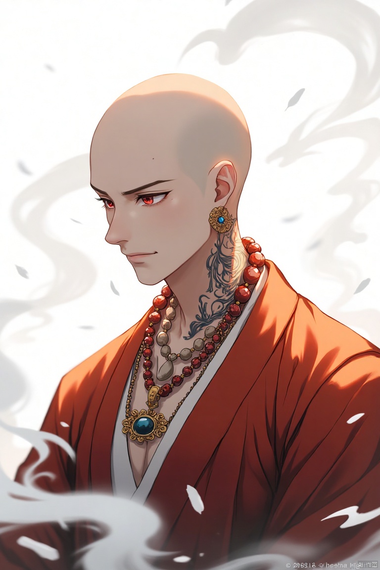 heshang,Monks,comics,a monk,masterpiece,best quality, high quality,8k,highres,
 Bald, male figure, anime style, with intricate, flowing Chinese calligraphy-like tattoos on his neck and shoulders. He wears a rich, rust-colored robe, adorned with numerous layered beads, pendants, and ornate jewelry. Soft lighting creates highlights and shadows, accentuating the drape and texture of the clothing, giving it a lustrous appearance. His expression is serene, slightly lifted, suggesting contemplation or tranquility. The perspective is from a slightly elevated, three-quarter angle, showcasing the detailed embellishments of his attire and the elaborate textures of the beads. Subtle, ethereal, translucent, and pale background with wispy smoke-like elements. Asian-inspired aesthetic, and the subject appears to be a mystical or spiritual character. Detailed depiction, smooth gradients, and bold, soft hues create a dreamlike ambiance. Oriental elements, photorealistic anime style, soft focus



