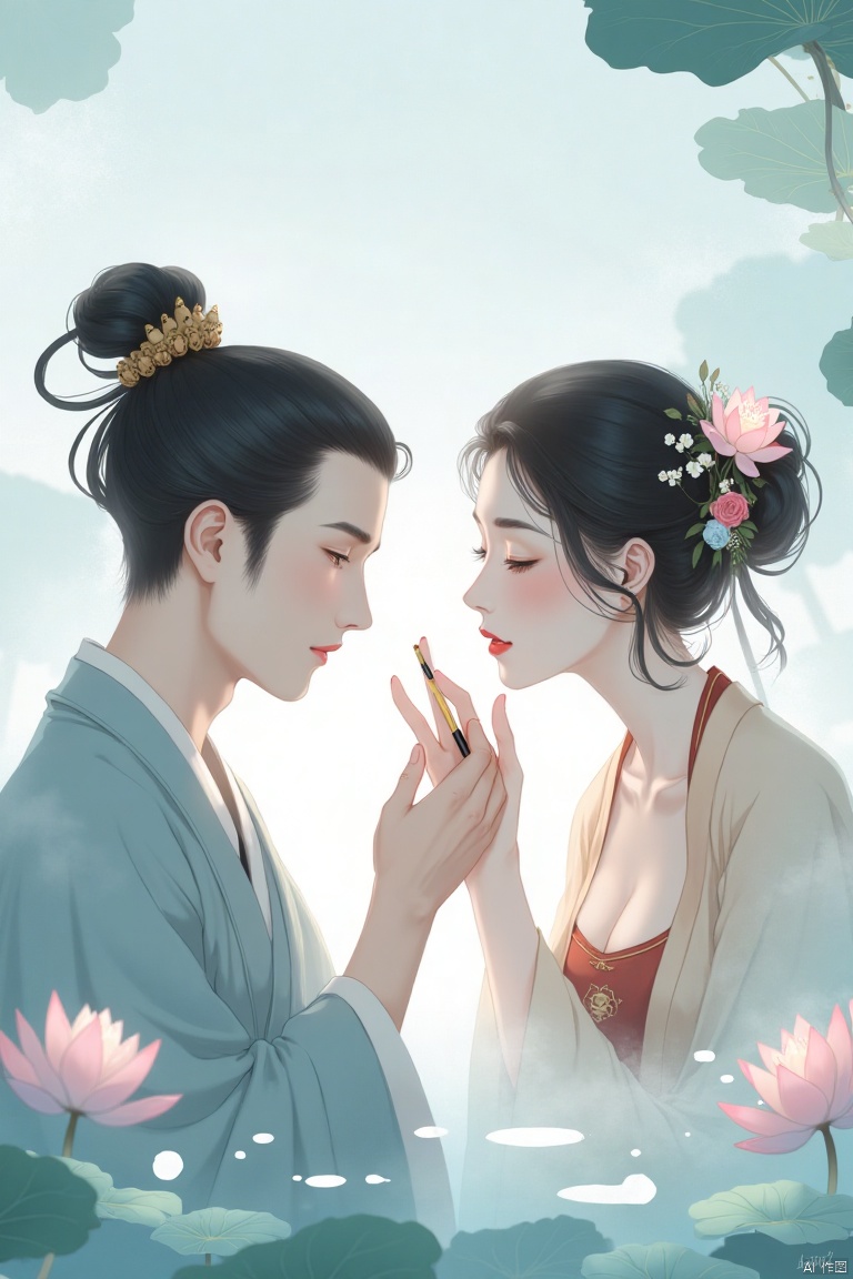 heshang,Monks,comics,a monk,
A serene, intimate scene of a woman applying makeup to a man. The woman, with delicate features and dark hair styled in an elaborate updo adorned with gold ornaments, is meticulously applying a cosmetic detail to the man's forehead. His expression is peaceful, with closed eyes, and he is dressed in light gray-blue robes. The woman is in a light peach-blush colored dress, adorned with gold details and a reddish-brown bodice. Soft, muted colors dominate the scene, with pale blues and pinks creating a tranquil atmosphere. Lotus flowers and leaves, in shades of pink and teal-green, form a gentle background, hinting at a serene, natural setting. The style suggests an Asian-inspired, digital painting with smooth lines, detailed features, and subdued emphasis on lighting creating a soft, romantic feel. The composition presents a delicate balance between the characters, softly focused on the couple's interaction. Gentle lighting emphasizes the woman's hands and the man's face, while artistic fog or mist creates a dreamy background. Traditional Chinese painting influences are subtle but present.


