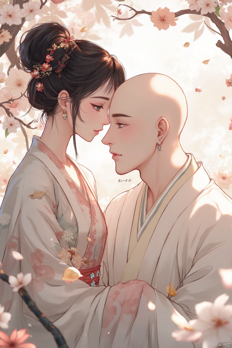 heshang,Monks,comics,a monk,masterpiece,best quality, high quality,8k,highres,

A serene, close-up portrayal of a young woman and a bald man, both in traditional East Asian attire. The woman, positioned slightly to the left, wears elaborate, pastel-colored clothing with intricate details, featuring a meticulously styled updo adorned with delicate accessories. Her expression hints at gentle contemplation. The man, facing forward, has a bald head adorned with a small, delicate red flower near his ear. His elegant robes, a soft cream hue, fall in graceful folds. He holds a string of dark beads, and his gaze is peaceful. Soft light illuminates their faces and clothing, casting subtle shadows. The interplay of warm and cool tones creates a soft, romantic mood. Fine brushstrokes and a delicate artistic style suggest an anime or manga illustration. Delicate patterns and textures on garments are emphasized. Floral motifs are subtly present, adding to the overall tranquil atmosphere. Rich, muted colors dominate with a focus on pastel shades. The composition is intimate, focusing on the emotional connection between the figures.