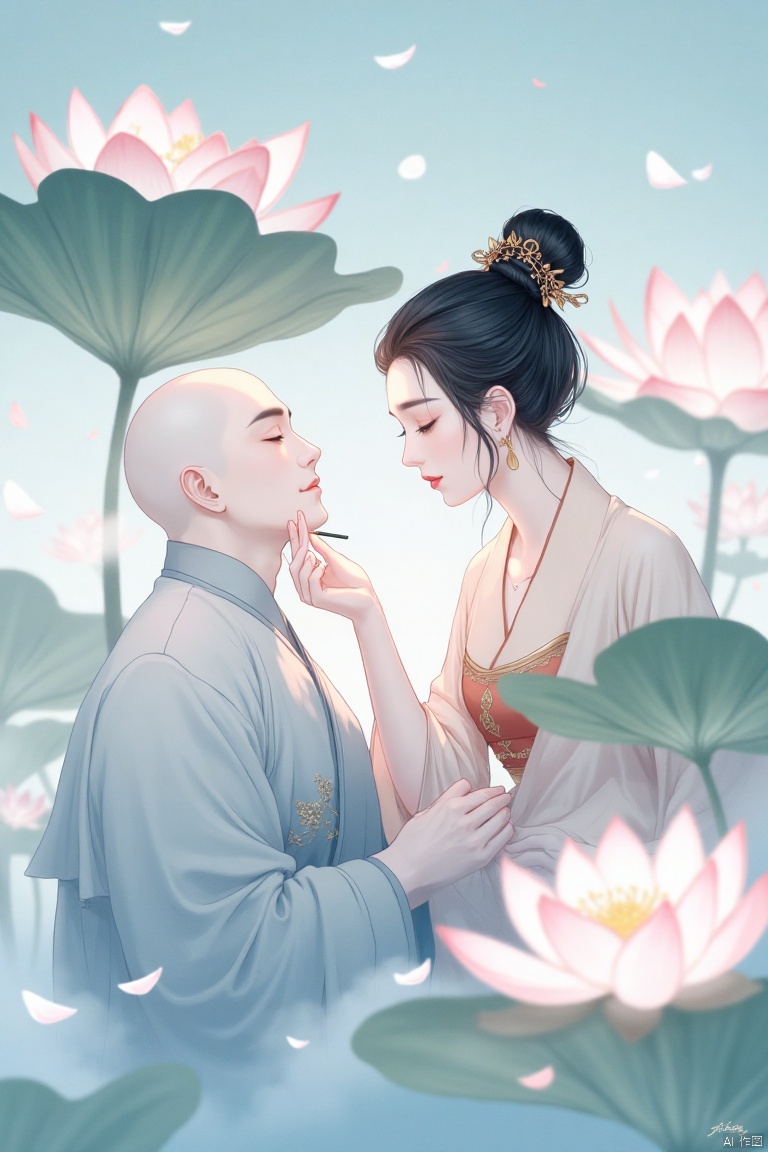 heshang,Monks,comics,a monk,
A serene, intimate scene of a woman applying makeup to a man. The woman, with delicate features and dark hair styled in an elaborate updo adorned with gold ornaments, is meticulously applying a cosmetic detail to the man's forehead. His expression is peaceful, with closed eyes, and he is dressed in light gray-blue robes. The woman is in a light peach-blush colored dress, adorned with gold details and a reddish-brown bodice. Soft, muted colors dominate the scene, with pale blues and pinks creating a tranquil atmosphere. Lotus flowers and leaves, in shades of pink and teal-green, form a gentle background, hinting at a serene, natural setting. The style suggests an Asian-inspired, digital painting with smooth lines, detailed features, and subdued emphasis on lighting creating a soft, romantic feel. The composition presents a delicate balance between the characters, softly focused on the couple's interaction. Gentle lighting emphasizes the woman's hands and the man's face, while artistic fog or mist creates a dreamy background. Traditional Chinese painting influences are subtle but present.


