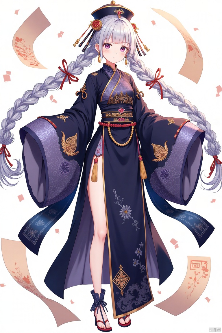 nvjiangshi,Female Zombies,Comics,
Anime girl, elegant pose,  pale skin,  long flowing silver-white hair in two braids, detailed traditional attire.  Deep midnight-purple,  rich dark-blue, and light-blue tones,  elaborate embroidery and patterns on the outfit.  Small, ornate gold accents and decorative ribbons.  Light-peach and gold-colored scrolls/papers flutter around her.  Full-body shot,  front-facing perspective.  Soft, diffused lighting,  creating a calm and enchanting atmosphere.  Detailed, delicate features; expressive eyes,  delicate eyebrows,  small nose and mouth.  Light-purple highlights enhance her attire.  Elegant stockings with tied bows.  Traditional Asian-inspired style,  elegant aesthetic,  anime art style.  High-quality, detailed,  realistic drawing.

