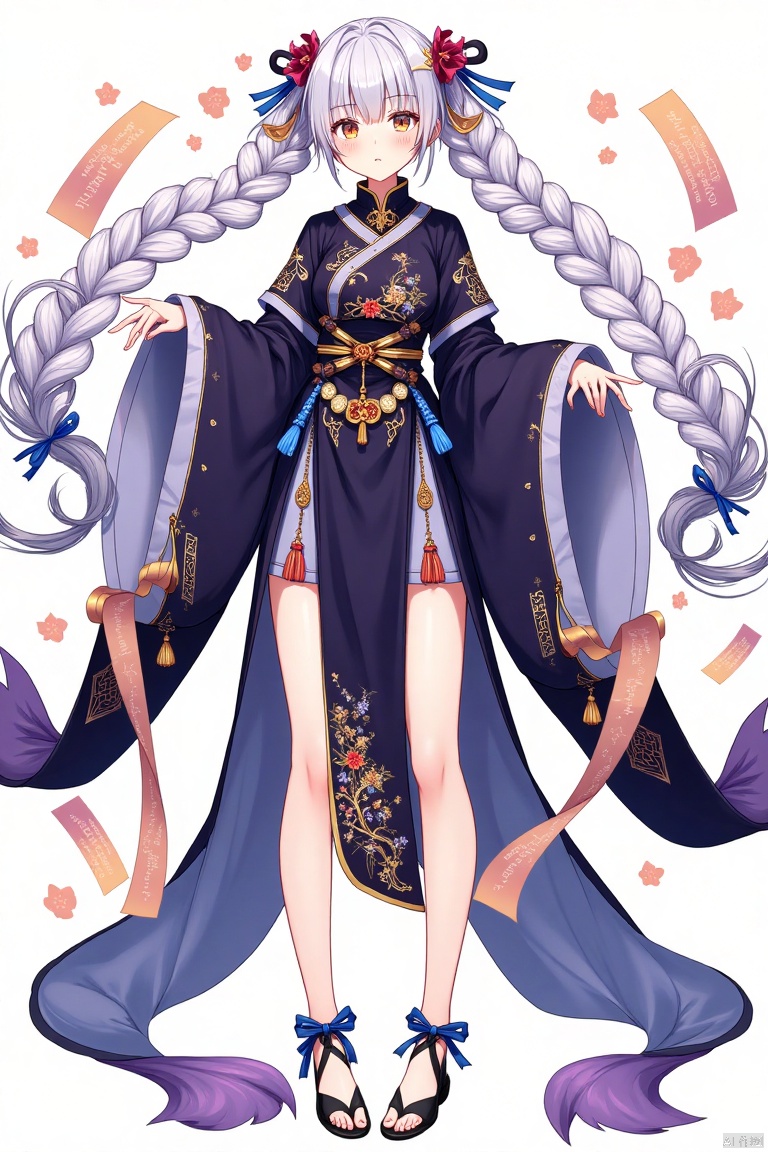 nvjiangshi,Female Zombies,Comics,
Anime girl, elegant pose,  pale skin,  long flowing silver-white hair in two braids, detailed traditional attire.  Deep midnight-purple,  rich dark-blue, and light-blue tones,  elaborate embroidery and patterns on the outfit.  Small, ornate gold accents and decorative ribbons.  Light-peach and gold-colored scrolls/papers flutter around her.  Full-body shot,  front-facing perspective.  Soft, diffused lighting,  creating a calm and enchanting atmosphere.  Detailed, delicate features; expressive eyes,  delicate eyebrows,  small nose and mouth.  Light-purple highlights enhance her attire.  Elegant stockings with tied bows.  Traditional Asian-inspired style,  elegant aesthetic,  anime art style.  High-quality, detailed,  realistic drawing.

