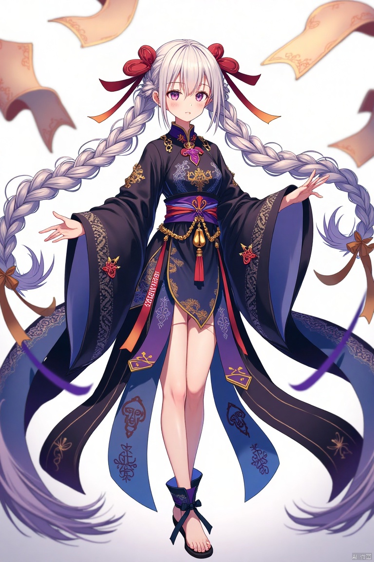 nvjiangshi,Female Zombies,Comics,
Anime girl, elegant pose,  pale skin,  long flowing silver-white hair in two braids, detailed traditional attire.  Deep midnight-purple,  rich dark-blue, and light-blue tones,  elaborate embroidery and patterns on the outfit.  Small, ornate gold accents and decorative ribbons.  Light-peach and gold-colored scrolls/papers flutter around her.  Full-body shot,  front-facing perspective.  Soft, diffused lighting,  creating a calm and enchanting atmosphere.  Detailed, delicate features; expressive eyes,  delicate eyebrows,  small nose and mouth.  Light-purple highlights enhance her attire.  Elegant stockings with tied bows.  Traditional Asian-inspired style,  elegant aesthetic,  anime art style.  High-quality, detailed,  realistic drawing.

