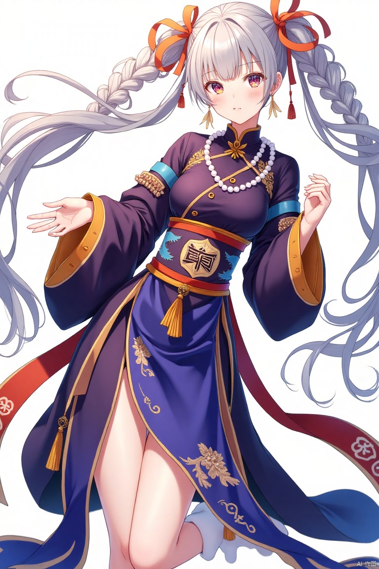 nvgege,Anime girl, elegant pose, flowing light gray pigtails, traditional Chinese inspired attire.  Deep purple and royal blue layered outfit, detailed embroidery showcasing a serene, almost meditative mood.  Light orange and yellow decorative elements, like scrolls, ribbons, and tassels.  Subtle pearl necklace, soft light, full-body shot with a slightly elevated perspective, showcasing graceful leg lines.  Character's expression is serene and calm, soft features, and large eyes.  Detailed depiction of smooth skin, elaborate clothing with flowing designs, ribbons, and embellishments.  Vivid color palette, contrasting deep purples, blues, and whites.  Anime style.  Focus on character design, fashion, and elegant aesthetic.