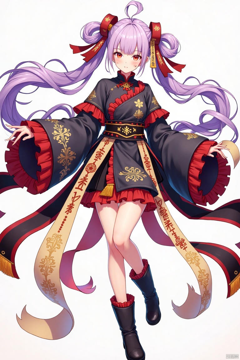 nvjiangshi,Female Zombies,Comics,
Anime girl,  light purple hair,  detailed traditional Chinese-style clothing, dark gray jacket with crimson trim and frills.  Soft, warm lighting.  Slight smile,  red eyes,  holding a scroll,  long flowing hair.  Full body shot,  dynamic pose,  perspective,  full body illustration, vibrant colour palette.  Delicate ruffled details on clothing;  boots with leather texture.  Elegant,  charming,  and playful.  Asian anime style.


