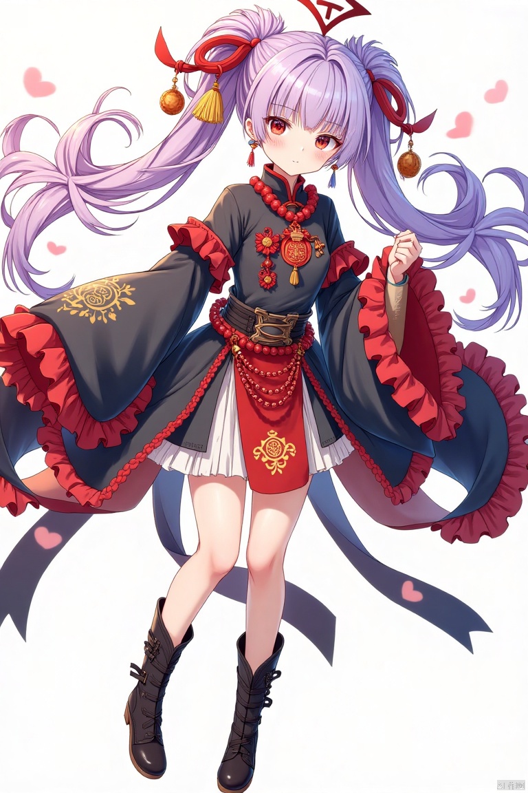 nvjiangshi,Female Zombies,Comics,
Anime girl,  light purple hair,  detailed traditional Chinese-style clothing, dark gray jacket with crimson trim and frills.  Soft, warm lighting.  Slight smile,  red eyes,  holding a scroll,  long flowing hair.  Full body shot,  dynamic pose,  perspective,  full body illustration, vibrant colour palette.  Delicate ruffled details on clothing;  boots with leather texture.  Elegant,  charming,  and playful.  Asian anime style.


