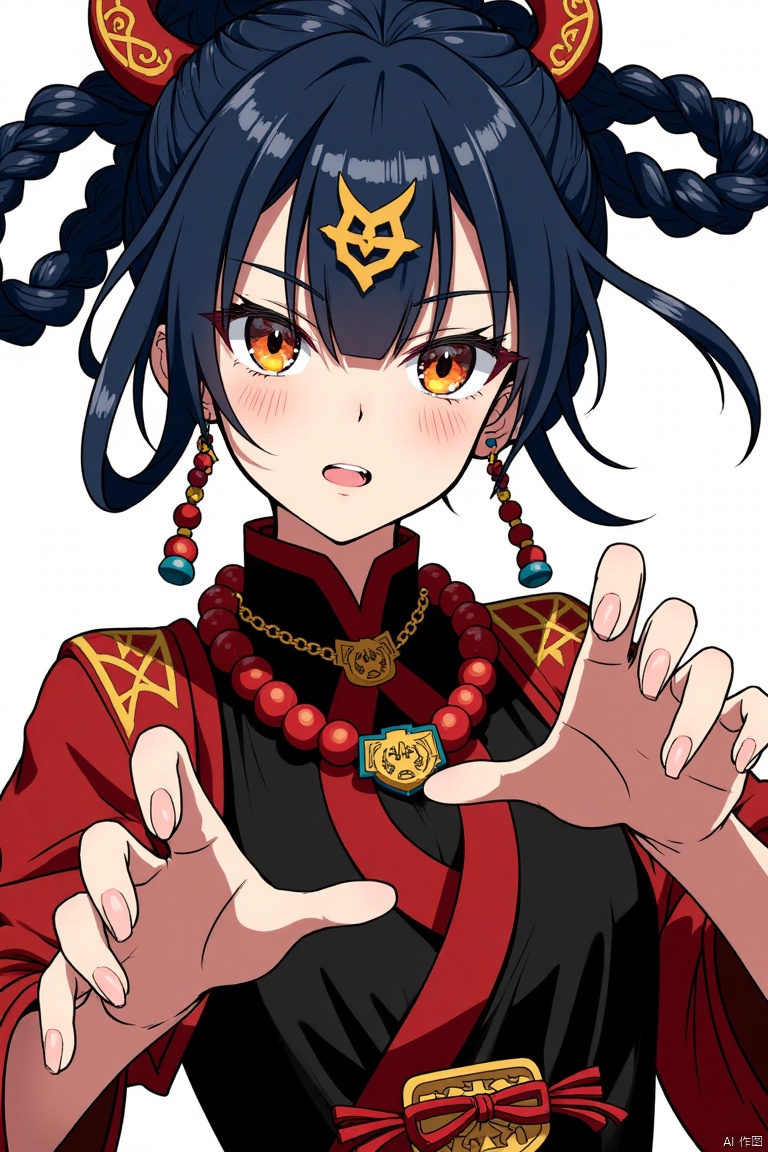 nvjiangshi,Female Zombies,Comics,
Anime girl, stylized Chinese-inspired outfit, intense expression, fiery orange eyes, dark blue hair in intricate braids,  red and black clothing,  detailed bead necklace,  red trim,  intricate symbols on forehead,  unique character design,  dynamic pose with hands outstretched,  fangs visible,  sharp features,  stylized art,  vibrant colors,  strong and confident mood,  manga-style,  close-up view,  detailed facial features,  realistic-looking hands and fingernails,  traditional Chinese dress.



