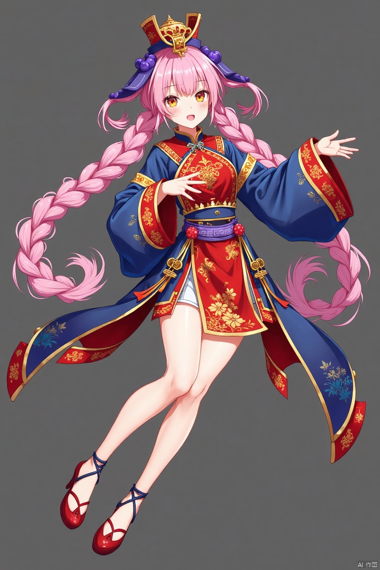 nvjiangshi,Female Zombies,Comics,
Anime girl, dynamic pose, vibrant colors,  Chinese-inspired outfit,  pink hair, detailed braids,  bright orange eyes, open-mouthed expression,  light skin, rich red and gold embellishments on clothing,  purple accessories,  traditional hat,  detailed patterns,  dark grey background,  three-quarter view,  stylized  animation,  character design,  digital painting,  fantasy art.


