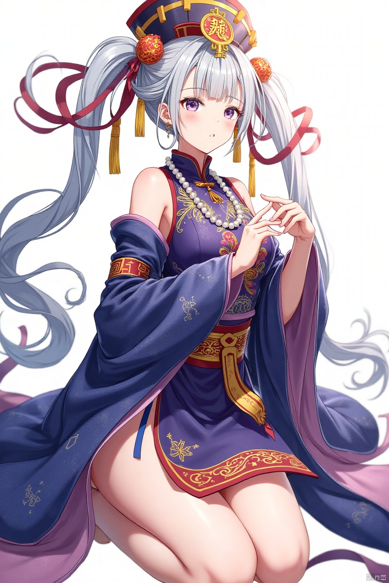 nvjiangshi,Female,Comics,Ancient official hat,Stick talismans on the forehead
Anime girl, elegant pose, flowing light gray pigtails, traditional Chinese inspired attire.  Deep purple and royal blue layered outfit, detailed embroidery showcasing a serene, almost meditative mood.  Light orange and yellow decorative elements, like scrolls, ribbons, and tassels.  Subtle pearl necklace, soft light, full-body shot with a slightly elevated perspective, showcasing graceful leg lines.  Character's expression is serene and calm, soft features, and large eyes.  Detailed depiction of smooth skin, elaborate clothing with flowing designs, ribbons, and embellishments.  Vivid color palette, contrasting deep purples, blues, and whites.  Anime style.  Focus on character design, fashion, and elegant aesthetic.,