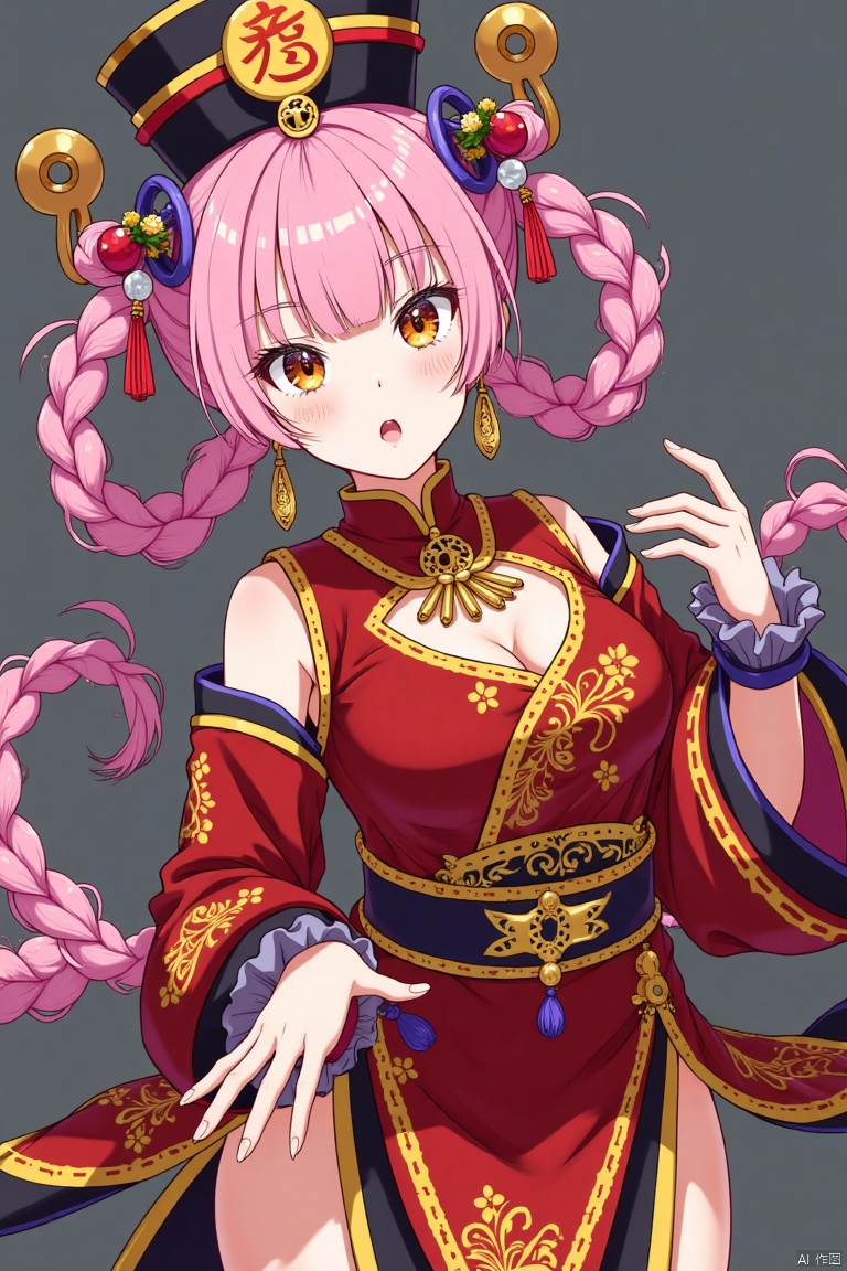 nvjiangshi,Female Zombies,Comics,
Anime girl, dynamic pose, vibrant colors,  Chinese-inspired outfit,  pink hair, detailed braids,  bright orange eyes, open-mouthed expression,  light skin, rich red and gold embellishments on clothing,  purple accessories,  traditional hat,  detailed patterns,  dark grey background,  three-quarter view,  stylized  animation,  character design,  digital painting,  fantasy art.


