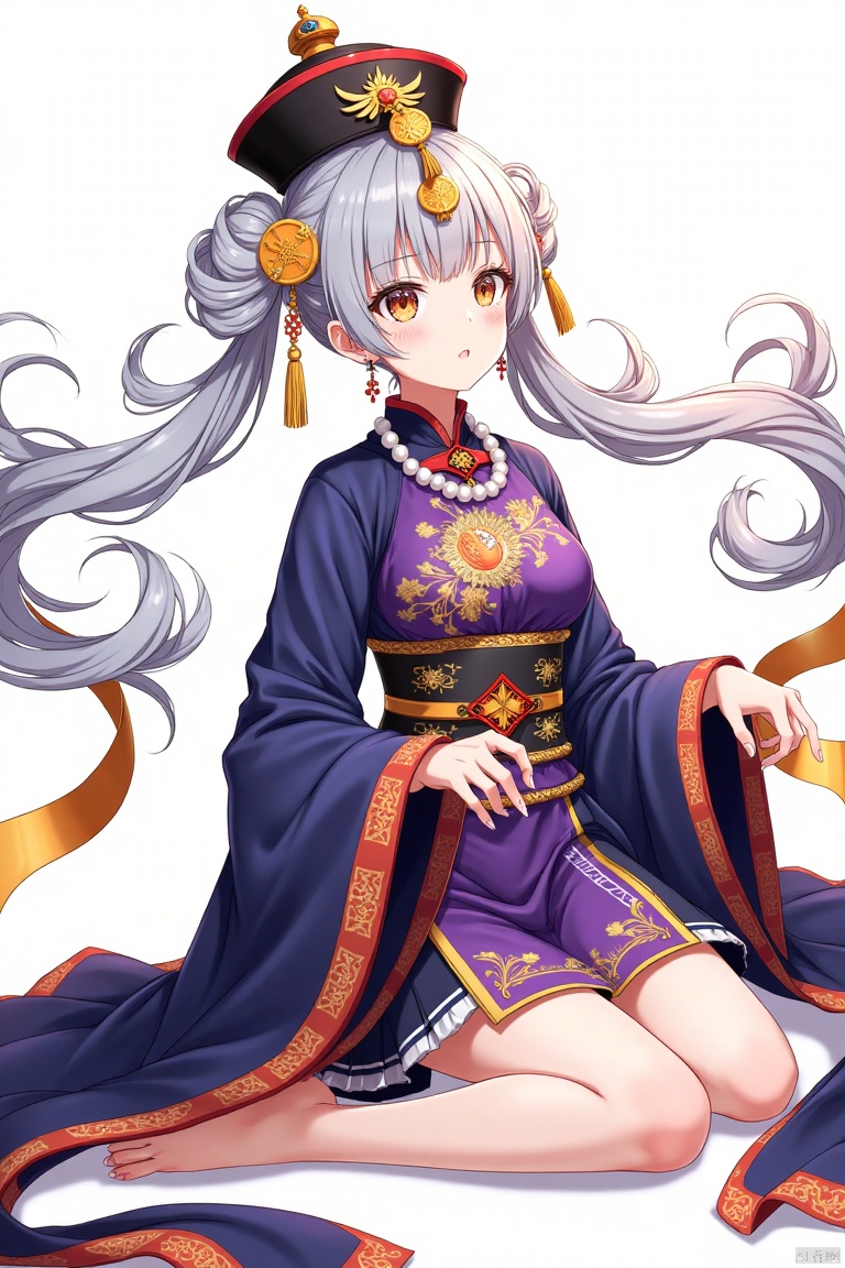 Female,Comics,Ancient official hat,Stick talismans on the forehead
Anime girl, elegant pose, flowing light gray pigtails, traditional Chinese inspired attire.  Deep purple and royal blue layered outfit, detailed embroidery showcasing a serene, almost meditative mood.  Light orange and yellow decorative elements, like scrolls, ribbons, and tassels.  Subtle pearl necklace, soft light, full-body shot with a slightly elevated perspective, showcasing graceful leg lines.  Character's expression is serene and calm, soft features, and large eyes.  Detailed depiction of smooth skin, elaborate clothing with flowing designs, ribbons, and embellishments.  Vivid color palette, contrasting deep purples, blues, and whites.  Anime style.  Focus on character design, fashion, and elegant aesthetic.




