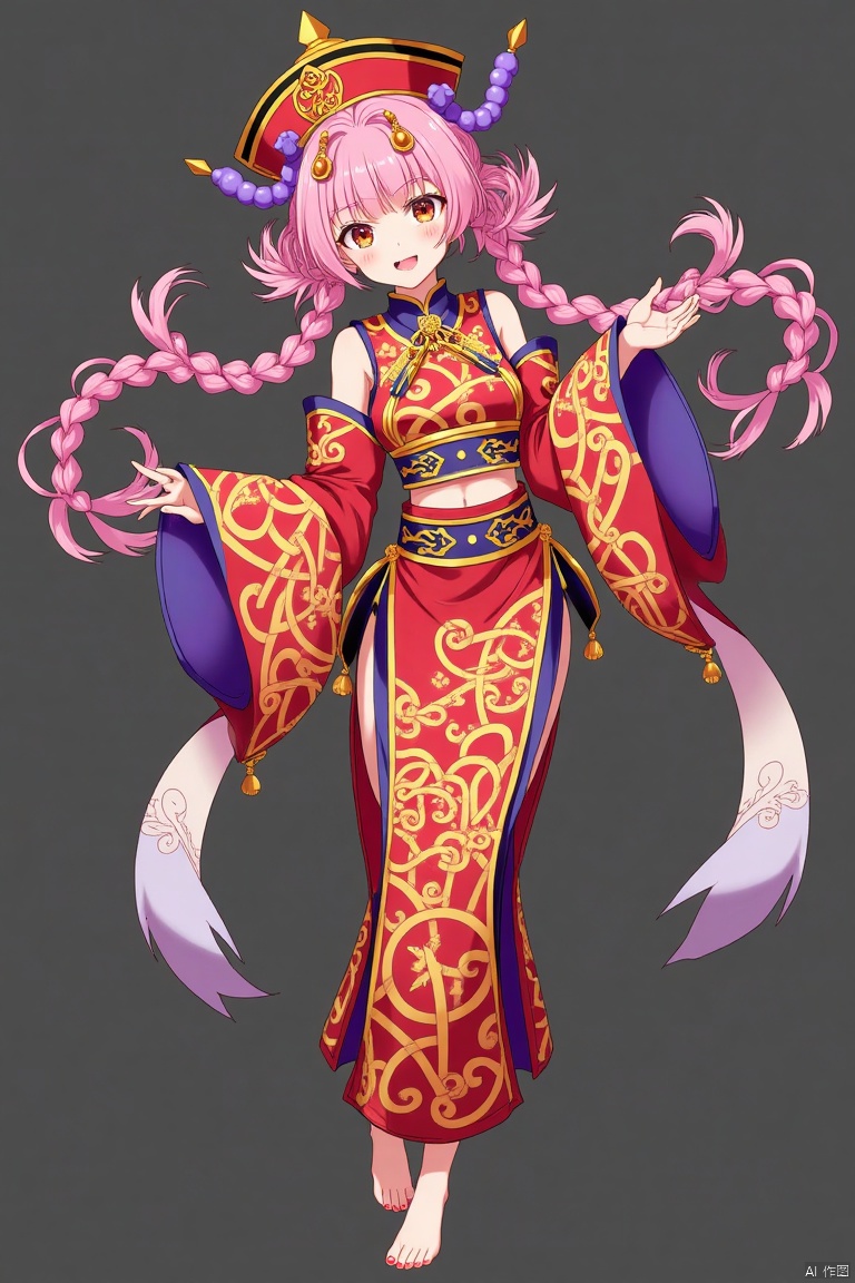 nvjiangshi,Female Zombies,Comics,
Anime girl, dynamic pose, vibrant colors,  Chinese-inspired outfit,  pink hair, detailed braids,  bright orange eyes, open-mouthed expression,  light skin, rich red and gold embellishments on clothing,  purple accessories,  traditional hat,  detailed patterns,  dark grey background,  three-quarter view,  stylized  animation,  character design,  digital painting,  fantasy art.


