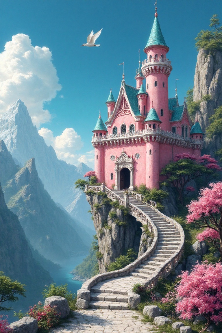 Captured at eye-level,  a detailed detailed painting of a pink castle stands atop a cliff,  adding a pop of color to the o...