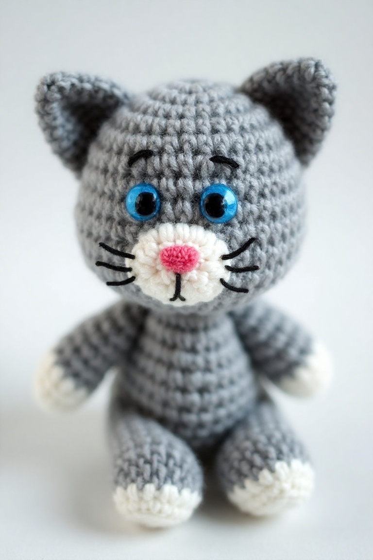 Knitted Character,  A close-up view of a knitted cat toy. The toy is a gray and white striped cat with blue eyes. The cats...