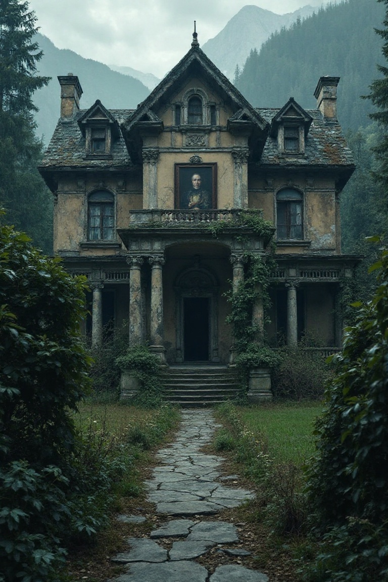 A decrepit grand entrance frames a crumbling facade,  overgrown gardens and shattered windows,  as the once-majestic mansi...