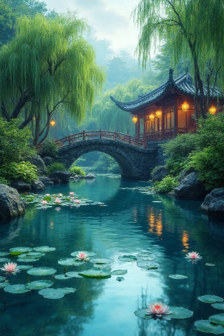 In a tranquil haven,  a serene pond's gentle ripples mirror the sky's soft blue hue. Delicate lily pads float serenely ami...