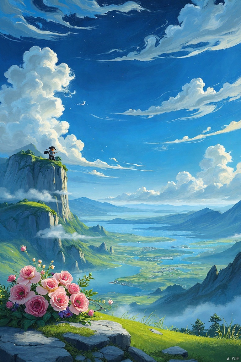 nuanyangjixie,Mechanics,masterpiece,best quality, high quality,8k,highres,
a vibrant blue sky is adorned with fluffy white clouds, adding a pop of color to the scene. In the foreground, a bouquet of pink and yellow flowers are placed on a rock, adding depth to the composition. The scene is a stunning backdrop, featuring a lush valley of green grass, a winding river, and mountains. The sky is a deep blue, with a few wispy white clouds streaming across it.