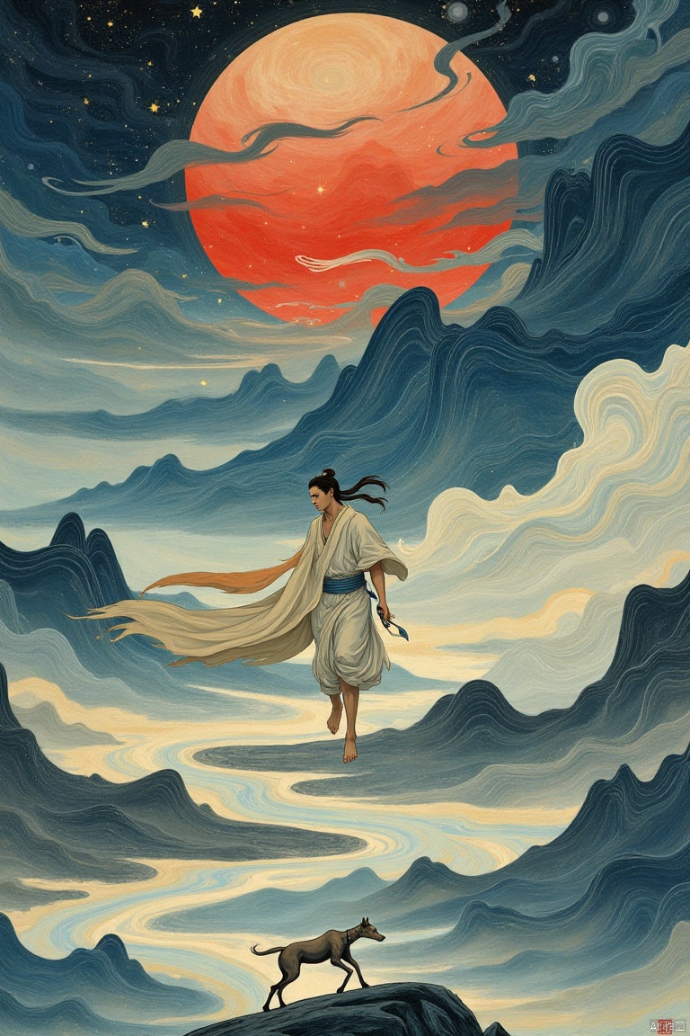 xuanwogufen,Vortex lines,
A dramatic, stylized illustration depicting a figure, possibly a man, in motion amidst a majestic landscape.  Central figure appears to be walking or running, dynamically posed, with a determined expression, holding something in his hands.  The figure is rendered in light-toned, muted earth colors with accents of ochre and cream against a backdrop of a large, fiery red sun situated within a dramatic, ethereal sky of soft blues and grays.  Clouds, textured with delicate brushstrokes, swirl and gather around the figure creating a sense of depth and movement.  The landscape surrounding the figure features rolling hills and streams, depicted in muted blues and deep greys. The style evokes a sense of ancient Chinese or Japanese traditions, with a touch of allegorical fantasy.  A small, light-colored animal, resembling a deerhound, is also present in the foreground, reacting to the central figure.  The overall mood is thoughtful yet vibrant, infused with a sense of wonder.  Soft, diffused light bathes the scene, highlighting the central figure and the landscape, creating a sense of reverence.  The overall aesthetic is  illustrative, rendered with smooth, brush-like texture, resembling traditional painting techniques, yet rendered with a modern sensibility.




