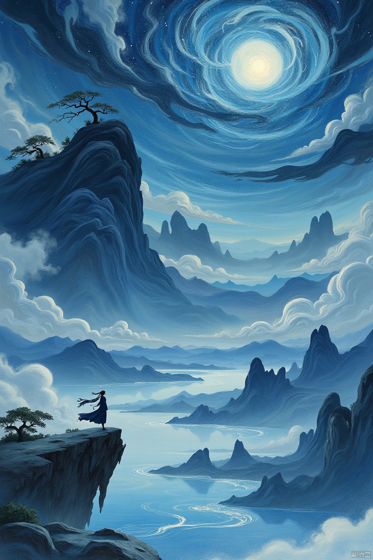 xuanwogufen,Vortex lines,
A solitary figure stands atop a towering, craggy peak, bathed in ethereal blue light.  Vast, swirling clouds and a colossal, ethereal moon-like orb dominate the sky.  The figure, garbed in flowing, dark robes, gazes out at a landscape of tranquil, flowing water and misty mountains.  Soft pastel blues and grays blend seamlessly, creating a sense of serene wonder.  The landscape is detailed with swirling patterns, evoking depth and a sense of movement.  Water is depicted as smooth, rippling, and elegant, with a detailed rocky shoreline.  High perspective, serene atmosphere, painterly style, oriental aesthetics.  Detailed layering of colors and textures, with a soft, diffused light source.  Misty clouds and flowing water elements are seamlessly integrated, conveying a quiet majesty.  Japanese aesthetic.  Ink wash painting style.  The figure's pose and expression capture a moment of contemplation.
