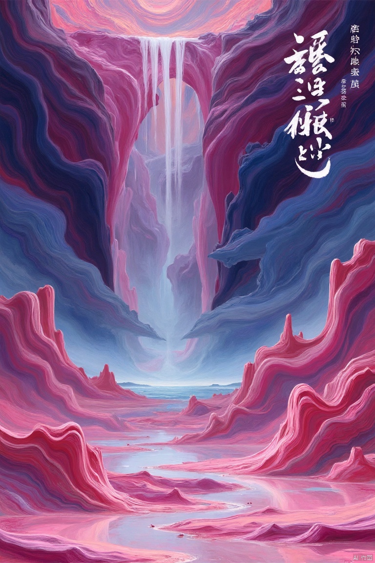 nuanyangjixie,Mechanics,masterpiece,best quality, high quality,8k,highres,
An eye-level shot of a vibrant pink landscape, with a waterfall in the center of the frame. The waterfall is made up of a series of wavy pink formations, creating a striking contrast. The background is a mix of purple, pink, and blue, adding a pop of color to the scene. The text "The 3rd Solo Exhibition" is prominently displayed in the top right corner of the image, with the date "2018. 2.21 WED - 3.25 SUN" in the bottom right corner.