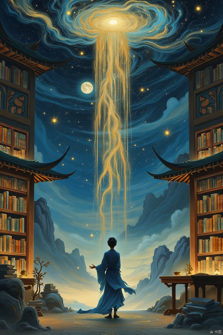 xuanwogufen,Vortex lines,
A serene, ethereal library scene, rendered in a soft, painterly style.  A figure, dressed in traditional attire, contemplatively observes a celestial, glowing veil that fills the space.  Golden, ethereal threads cascade and swirl within a midnight-blue sky, punctuated by glowing moons.  Antique-style bookshelves line the walls, packed with volumes of varying colors and textures, hinting at extensive knowledge.  Warm-toned wood furniture, including a table and books, creates a sense of historical depth.  Gentle, diffused lighting creates a contemplative mood.  Muted colors, including warm browns, deep blues, and soft golds, dominate the composition.  The style is reminiscent of traditional Chinese art, showcasing a sense of tranquility and wonder.  A sense of peaceful contemplation pervades the image.

