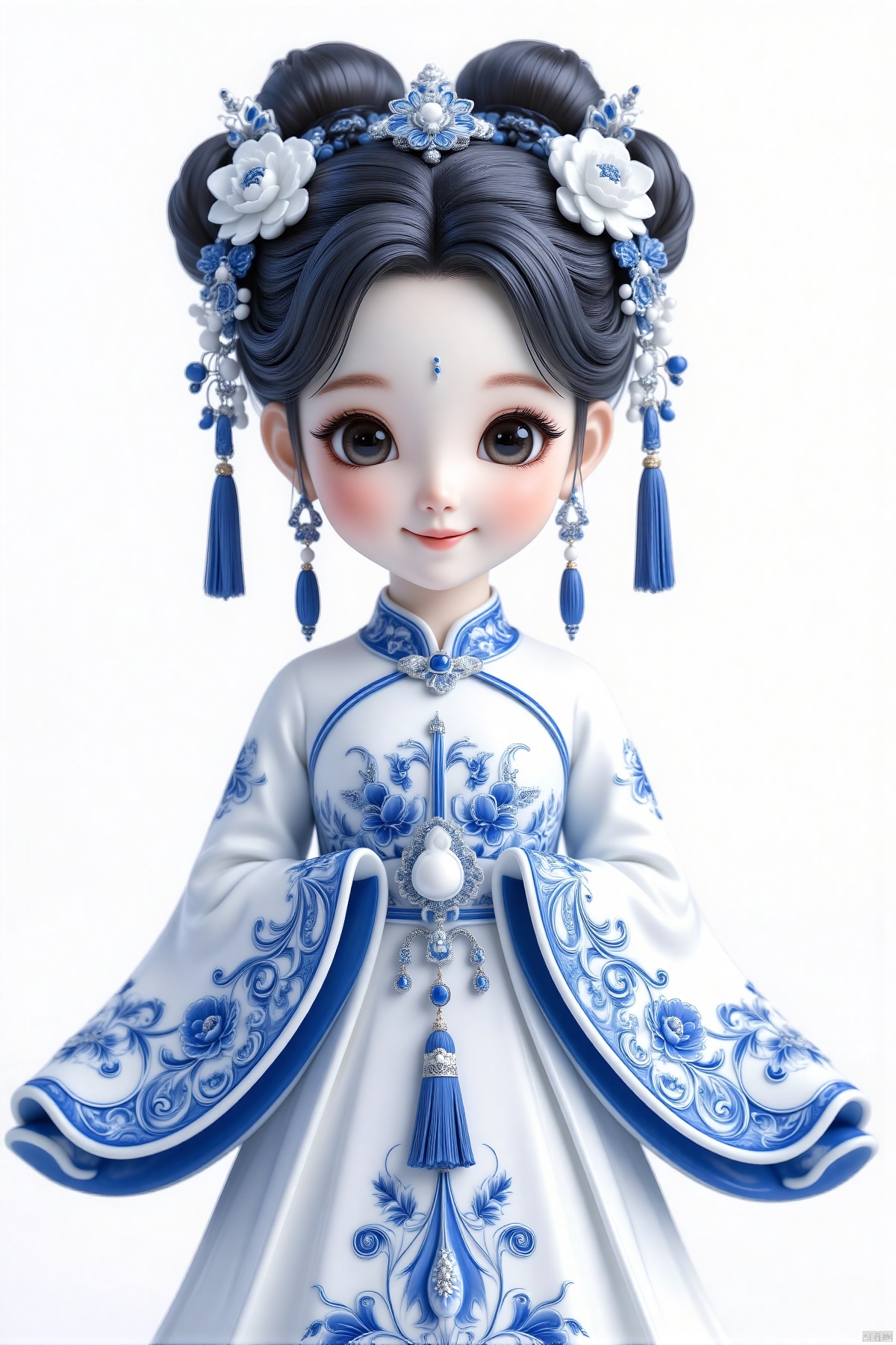 ciji,1girl, solo, looking at viewer, smile, simple background, black hair, hair ornament, long sleeves, white background, dress, jewelry, closed mouth, flower, earrings, hair flower, wide sleeves, hair bun, white dress, black eyes, double bun, chinese clothes, floral print, tassel, child, blue theme