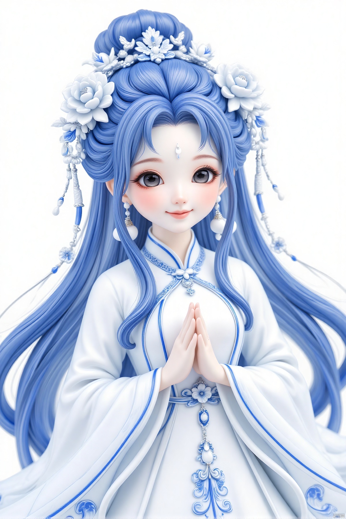 ciji,1girl, solo, long hair, looking at viewer, smile, hair ornament, long sleeves, white background, dress, jewelry, closed mouth, blue hair, flower, earrings, hair flower, wide sleeves, white dress, chinese clothes, own hands together