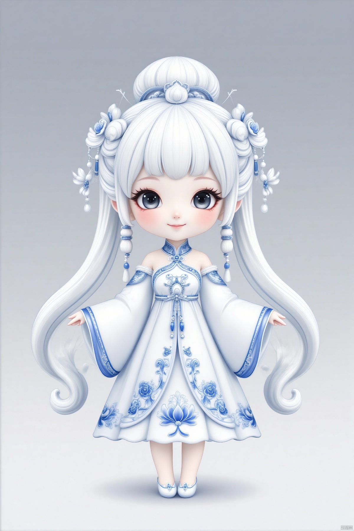 ciji,1girl, solo, long hair, looking at viewer, blush, smile, bangs, simple background, hair ornament, long sleeves, dress, twintails, jewelry, closed mouth, standing, full body, white hair, wide sleeves, blunt bangs, grey background, chibi, gradient, grey eyes, gradient background, eyelashes, chinese clothes