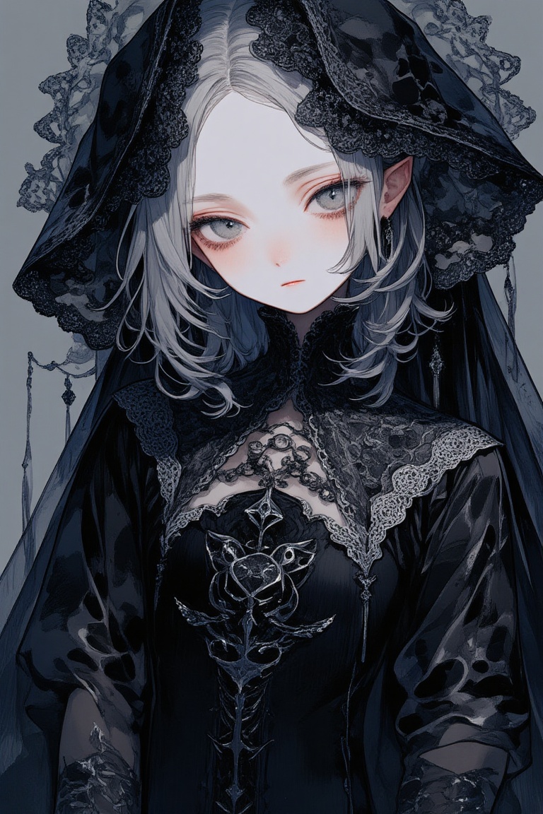 gray hair,  black witch clothes,  moon earrings on Tensor.Art
