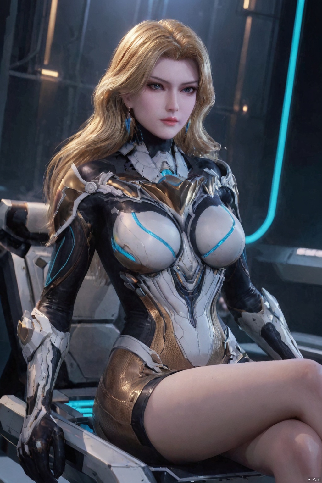  score_9,score_8_up,(Clear lines, high definition, Best quality, Very detailed, masterpiece, 4K),1girl, solo, long hair, breasts, blue eyes, blonde hair, jewelry, medium breasts, sitting, earrings, lips, bodysuit, crossed legs, science fiction, realistic,WNN