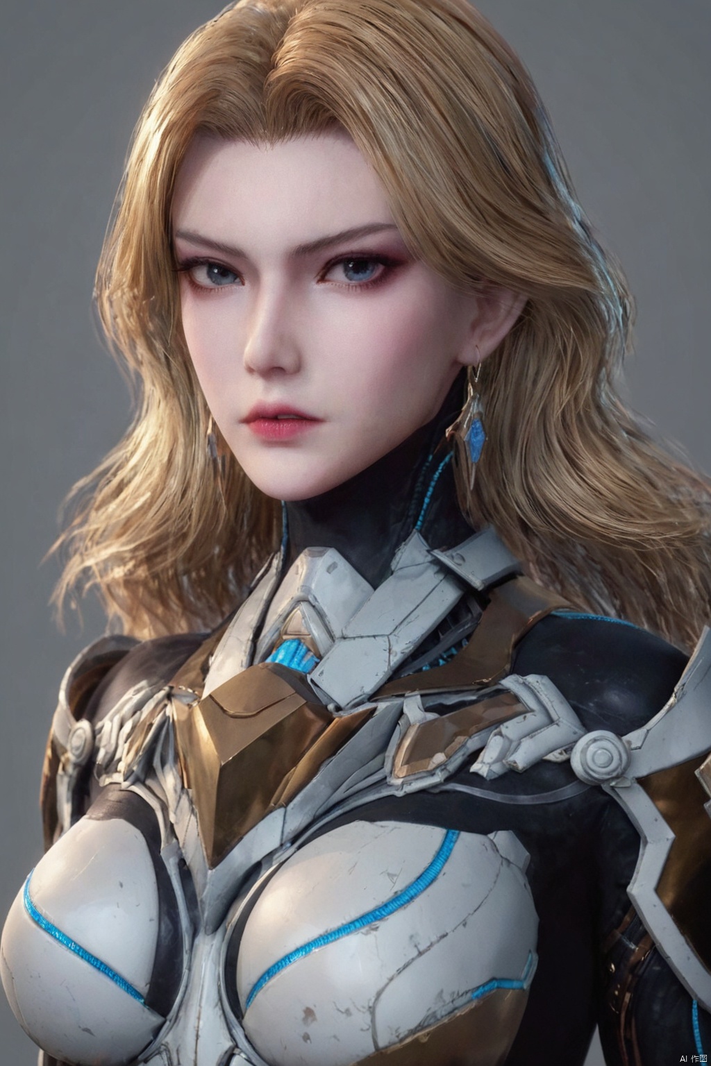  score_9,score_8_up,(Clear lines, high definition, Best quality, Very detailed, masterpiece, 4K),1girl, solo, long hair, breasts, looking at viewer, blue eyes, blonde hair, simple background, jewelry, medium breasts, upper body, weapon, earrings, parted lips, grey background, lips, gun, bodysuit, realistic,WNN