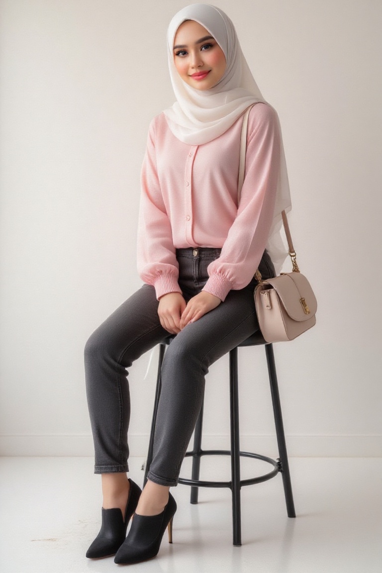 Envision a captivating artwork featuring a beautiful pale girl seated confidently on a tall black stool. White hijab,  Her...