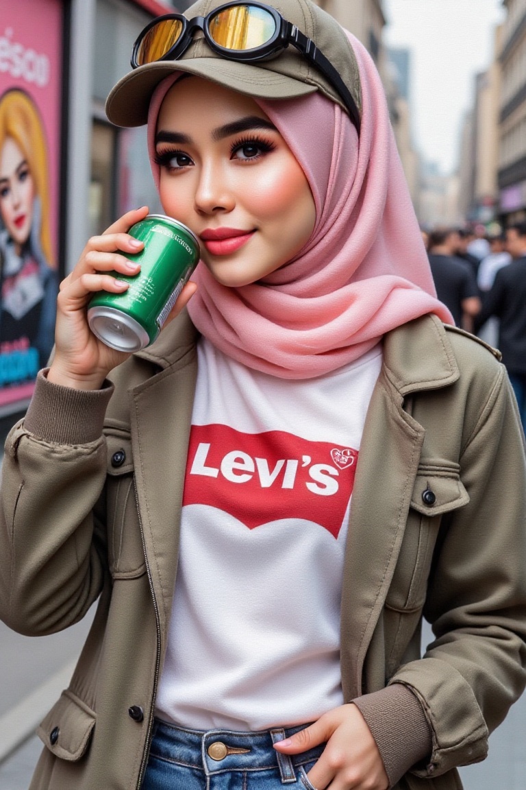 A young woman with vibrant pink hijab,  she is sipping from a green soda can. She wears a military-style cap adorned with...