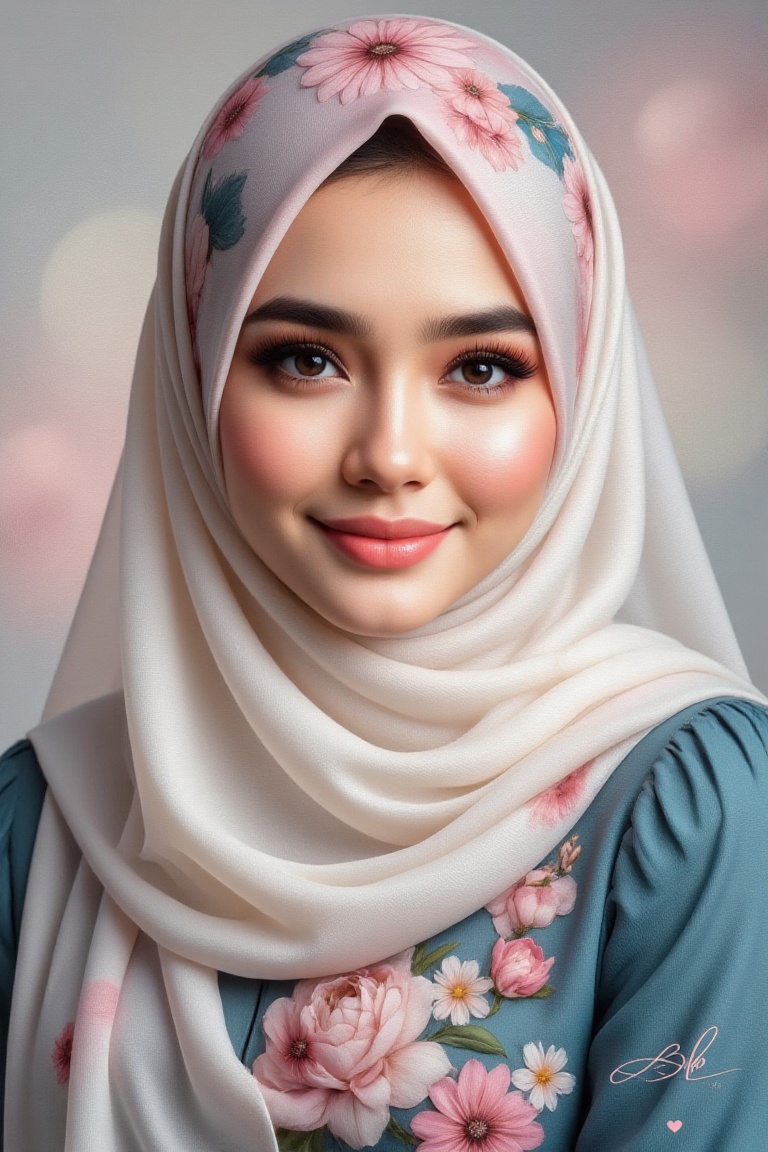 Close-up portrait of a young woman with fair skin and delicate features,  wearing a hijab,  created in a oil painting with...