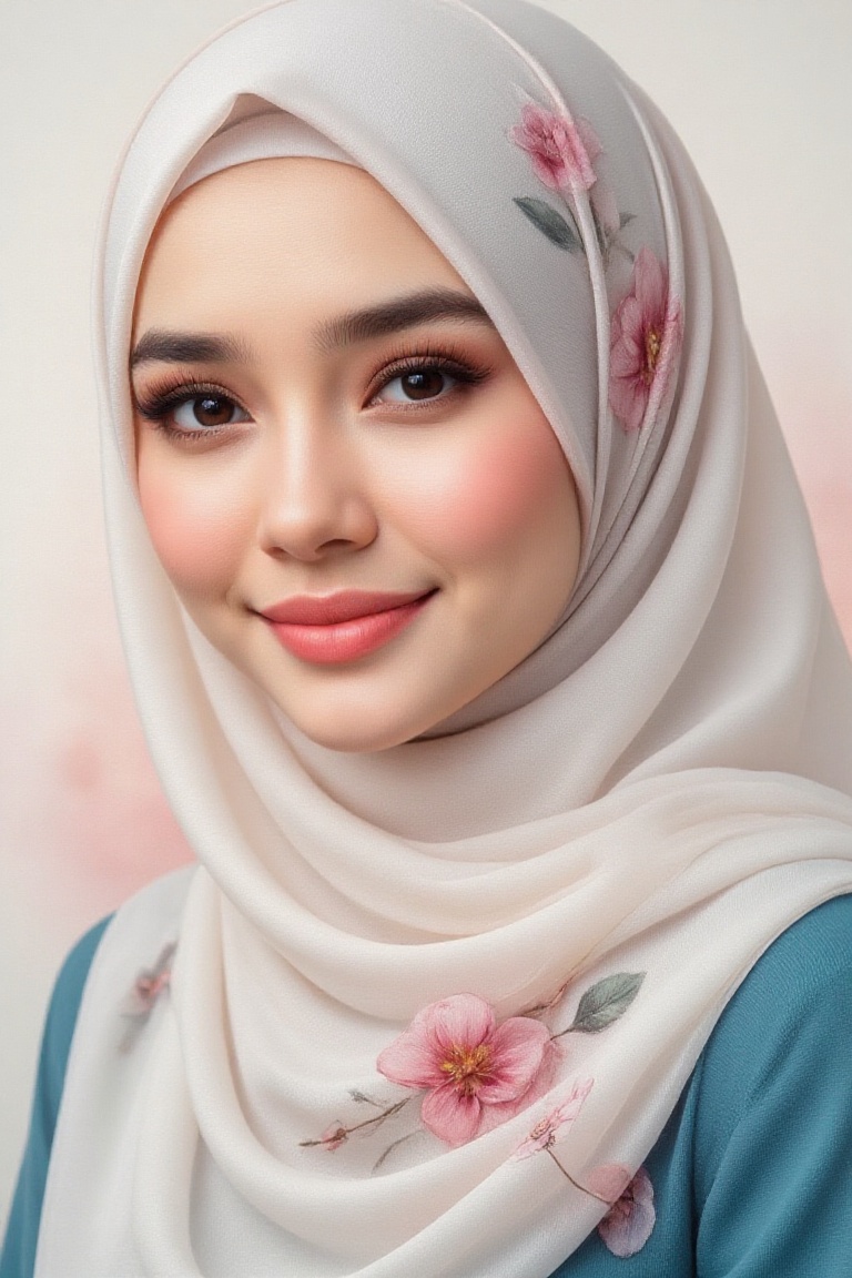 Close-up portrait of a young woman with fair skin and delicate features,  wearing a hijab,  created in a watercolor with o...
