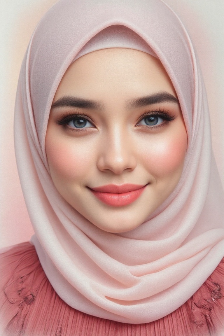 Close-up portrait of a young woman with fair skin and delicate features,  wearing a hijab,  created in a watercolor with o...