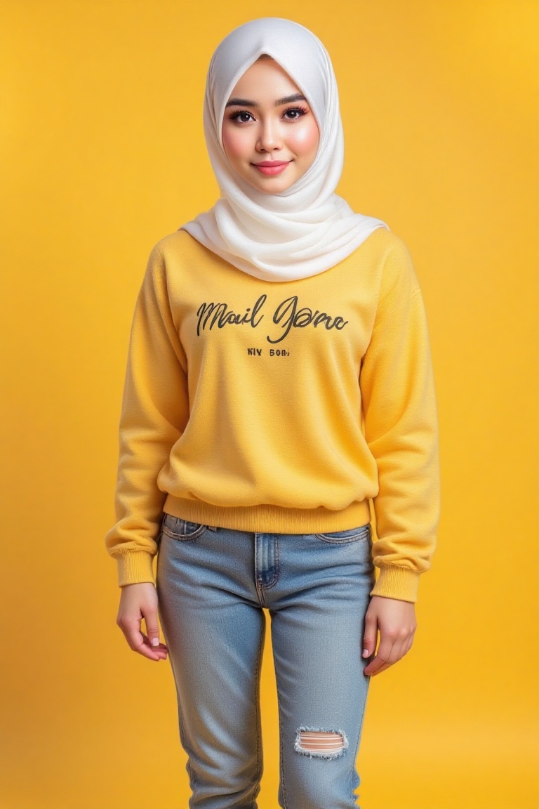 An animated portrait of a girl white hijab,  She is wearing a yellow hoodie,  blue jeans on Tensor.Art