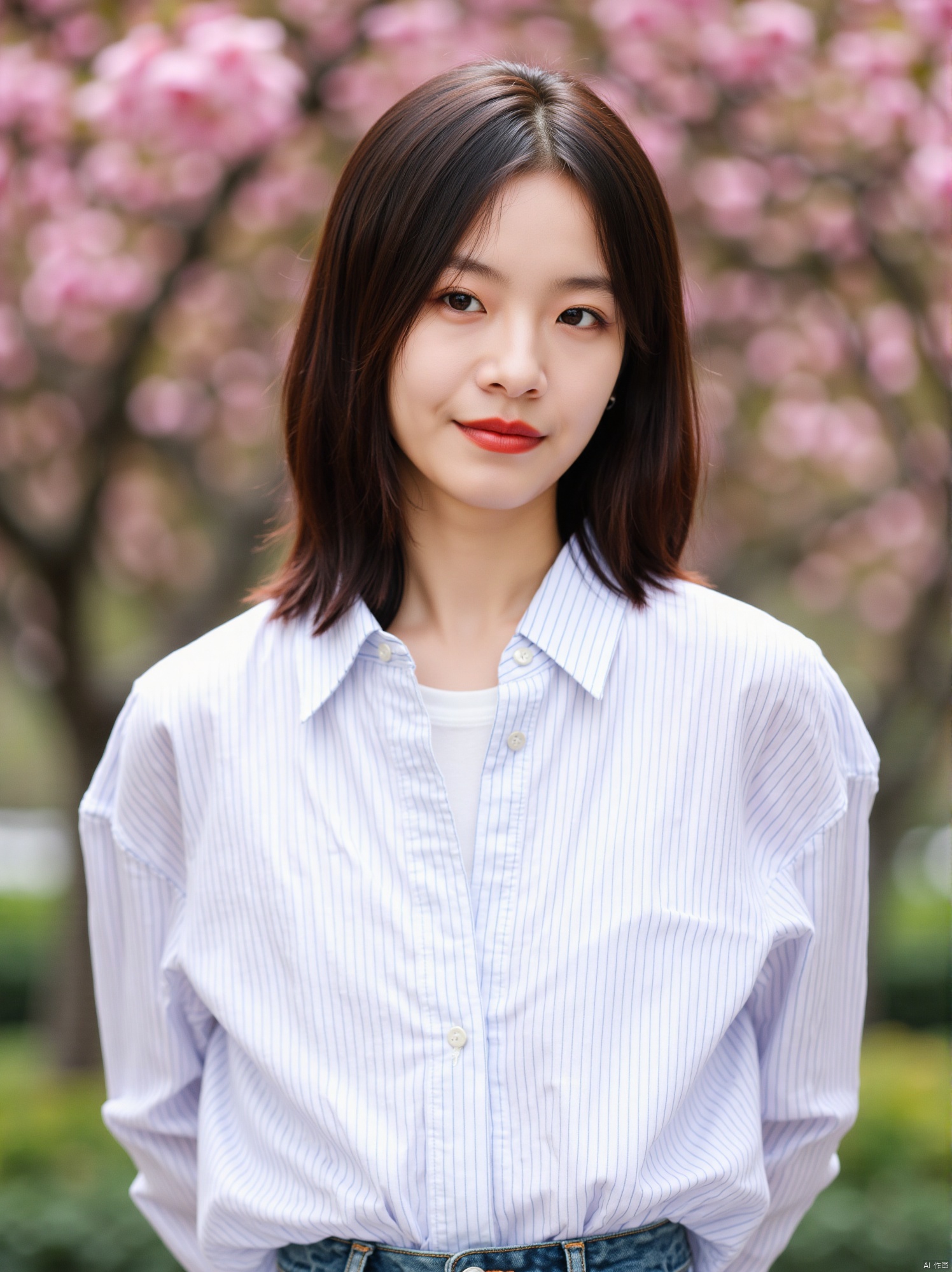 Captured in a close-up, eye-level shot, a young Asian woman stands in front of a blurred backdrop of pink flowers. She is wearing a white striped button-down long-sleeved button-up collared shirt, a pair of blue jeans, and a white t-shirt underneath her. Her brown hair is shoulder-length, framing her face. Her lips are painted a vibrant red, adding a pop of color to the otherwise monochromatic scene.