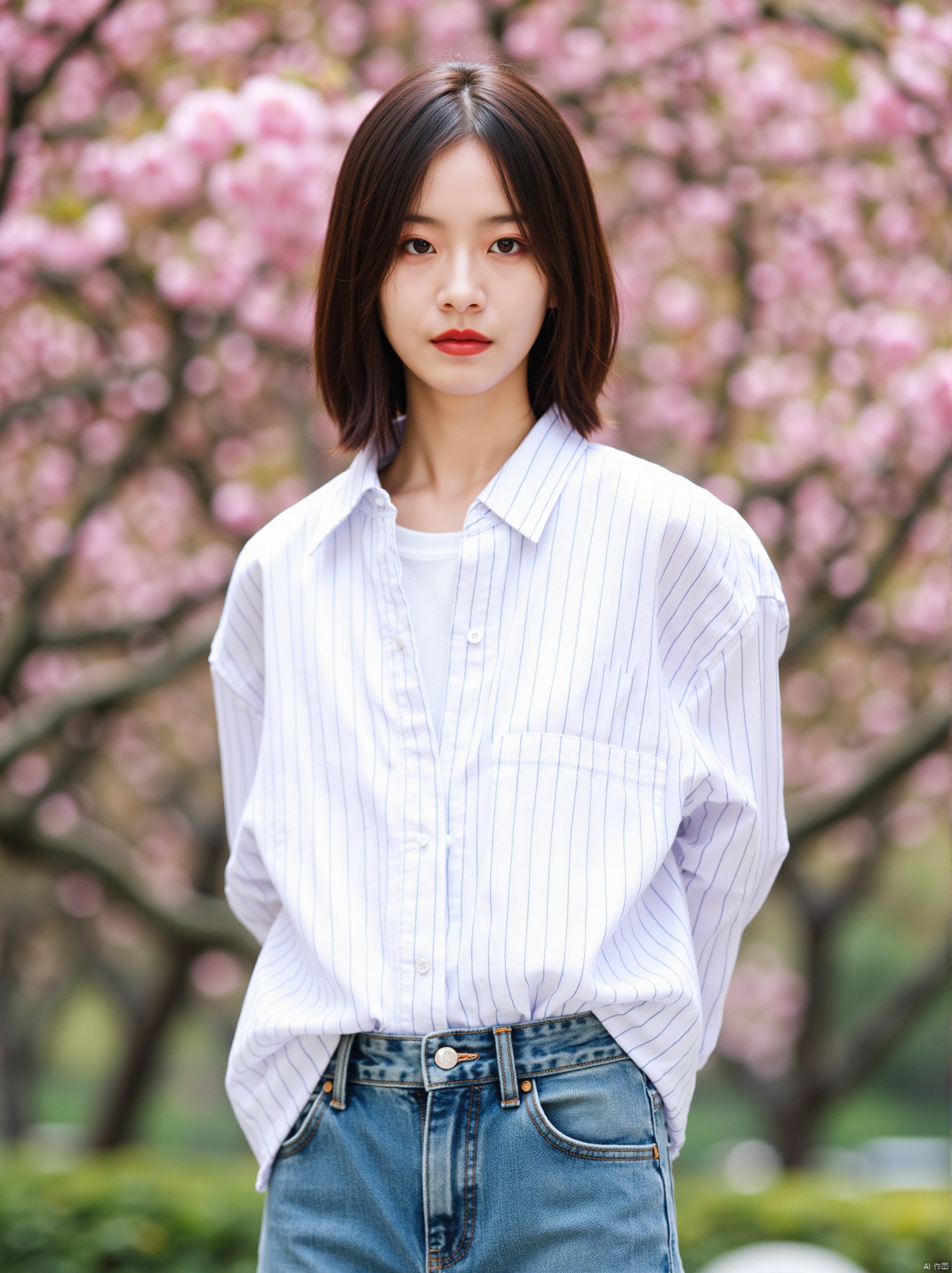 Captured in a close-up, eye-level shot, a young Asian woman stands in front of a blurred backdrop of pink flowers. She is wearing a white striped button-down long-sleeved button-up collared shirt, a pair of blue jeans, and a white t-shirt underneath her. Her brown hair is shoulder-length, framing her face. Her lips are painted a vibrant red, adding a pop of color to the otherwise monochromatic scene.